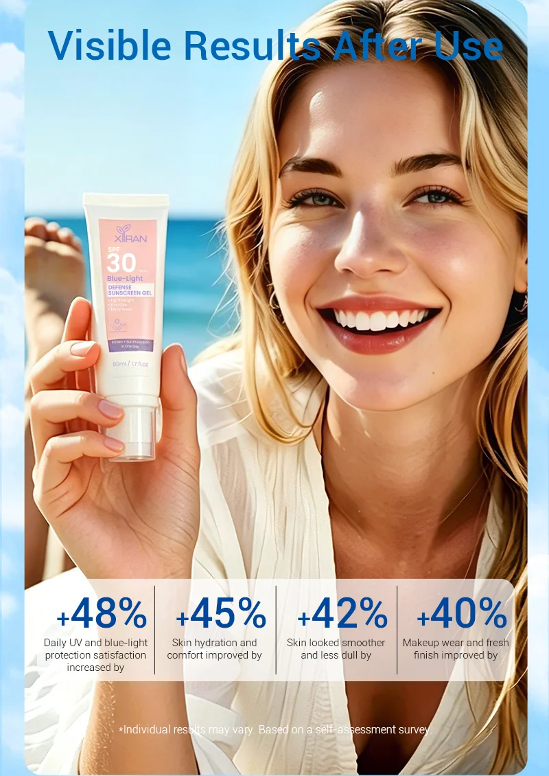 Person holding sunscreen tube with SPF 30 near the beach, displaying results like skin hydration and UV protection improvements.